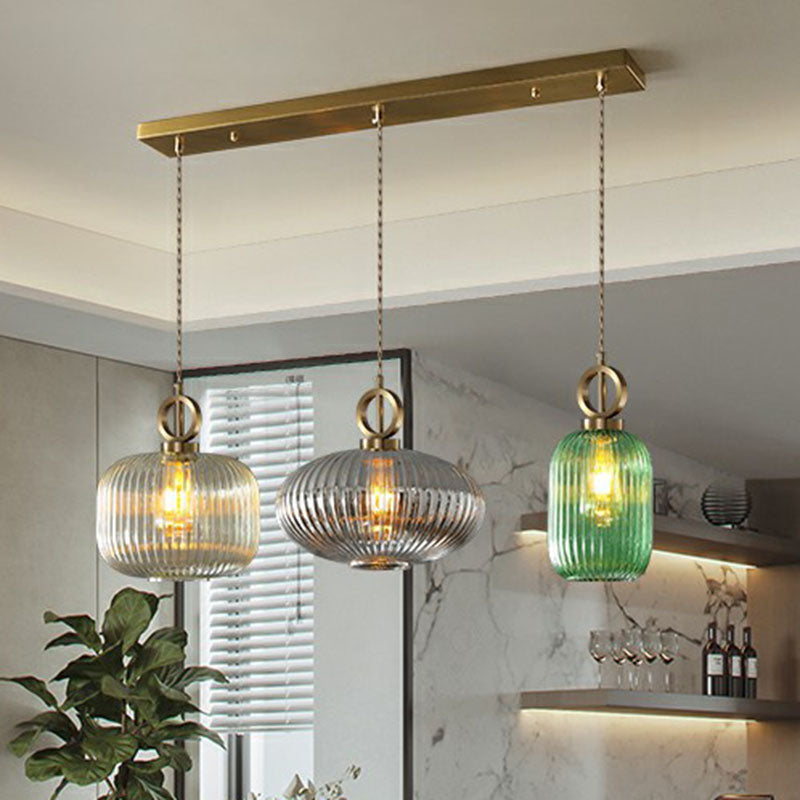 Modern Geometric Multi-Light Pendant With Ribbed Glass Panels - Brass Finish 3-Bulb Suspension