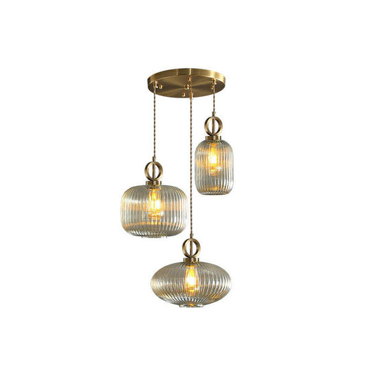 Modern Rib Glass Pendant Light Fixture - Geometric Shape, 3 Bulbs, Brass Finish, Multi-Light Suspension