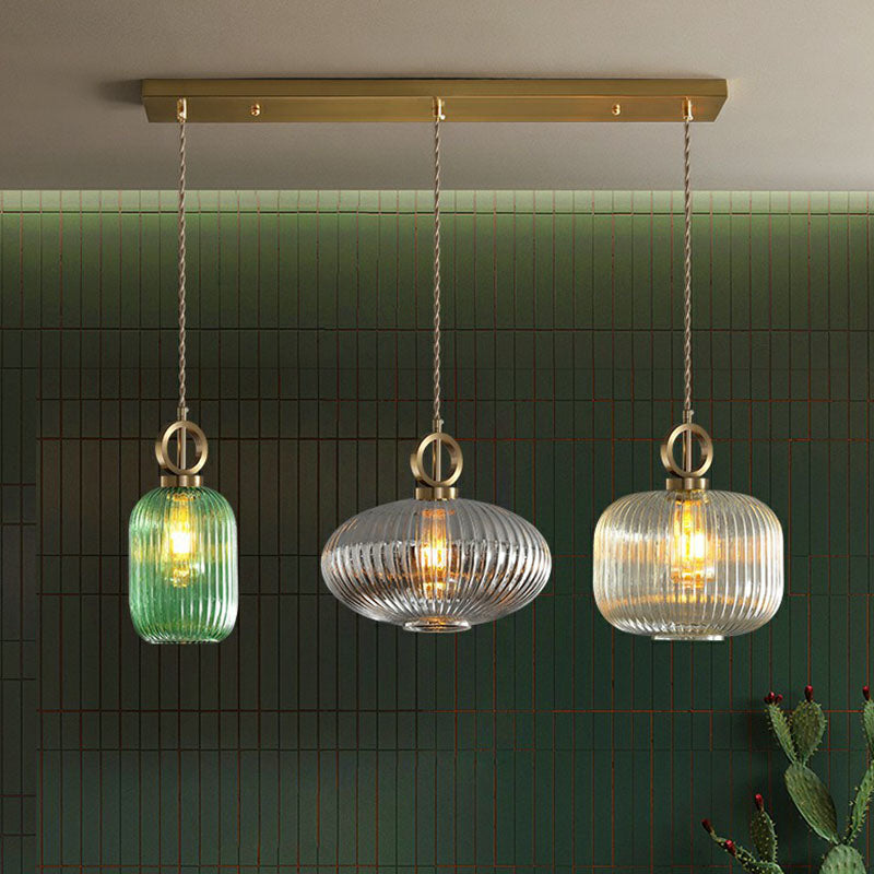 Modern Rib Glass Pendant Light Fixture - Geometric Shape, 3 Bulbs, Brass Finish, Multi-Light Suspension