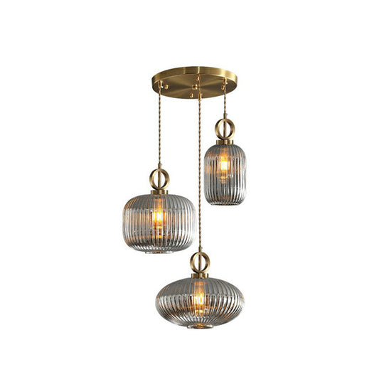 Modern Rib Glass Pendant Light Fixture - Geometric Shape, 3 Bulbs, Brass Finish, Multi-Light Suspension