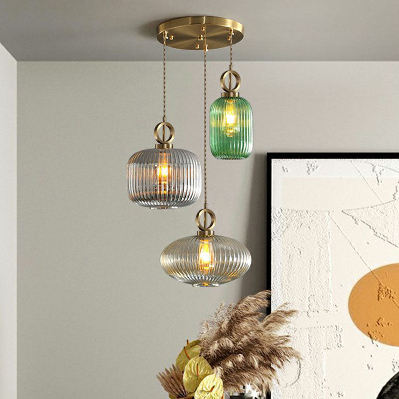 Modern Rib Glass Pendant Light Fixture - Geometric Shape, 3 Bulbs, Brass Finish, Multi-Light Suspension