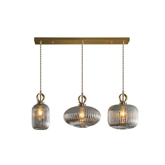 Modern Rib Glass Pendant Light Fixture - Geometric Shape, 3 Bulbs, Brass Finish, Multi-Light Suspension