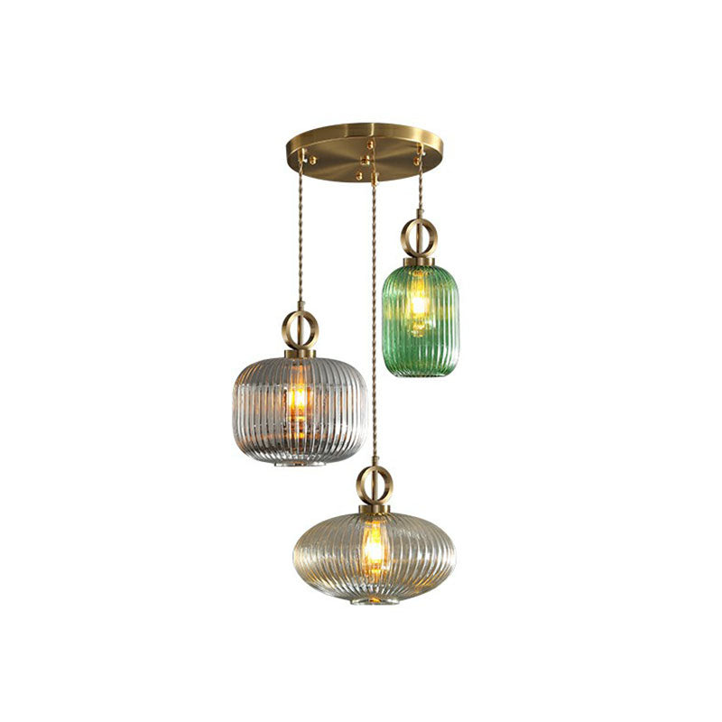 Modern Rib Glass Pendant Light Fixture - Geometric Shape, 3 Bulbs, Brass Finish, Multi-Light Suspension