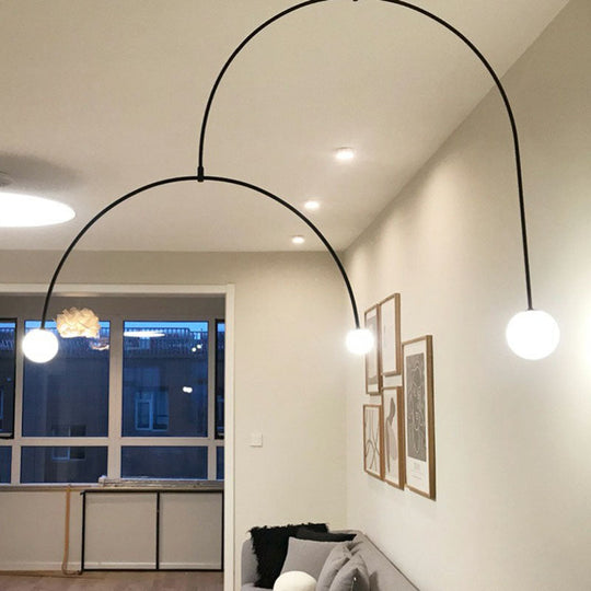 Modern Black Arched Chandelier with 3 Lights and White Glass Ball Shade
