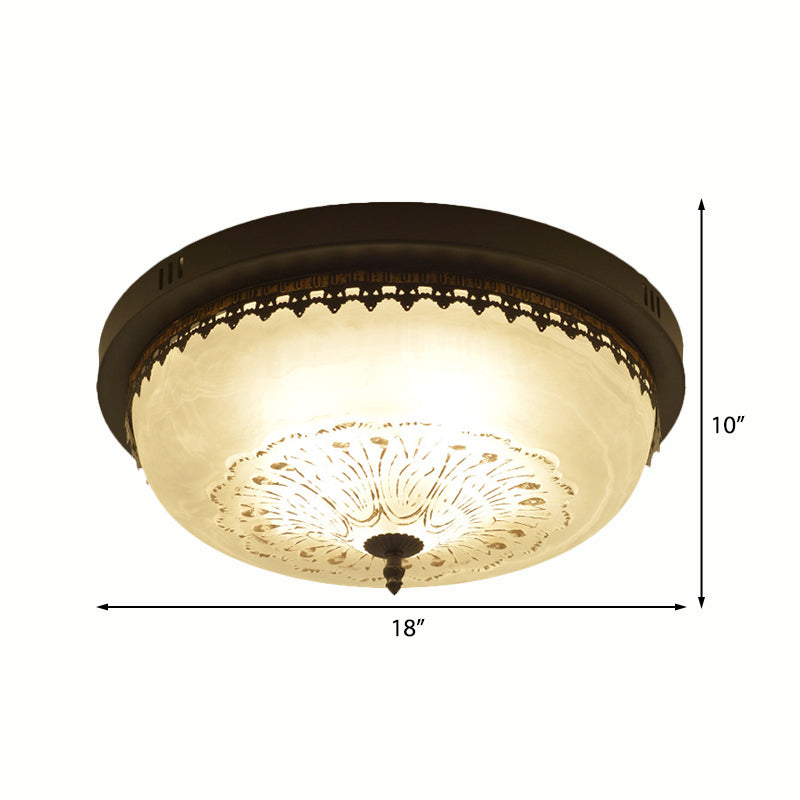 White Glass Flush Fixture with Traditional Design - 3/4 Lights - Black Finish - 14"/18" Wide
