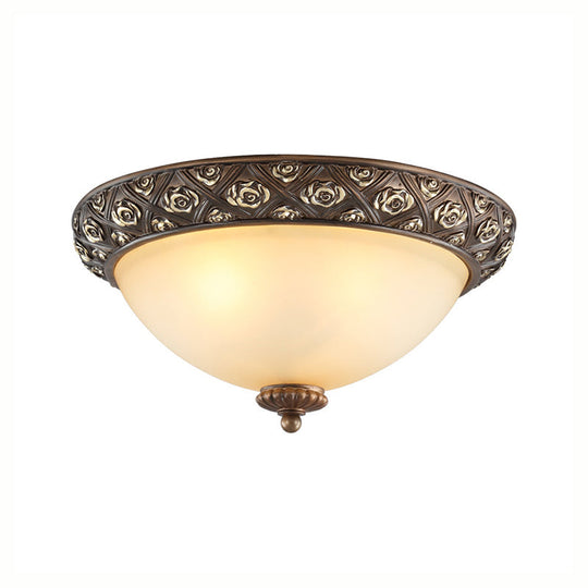 Traditional Brown Flush Light Fixture with Frosted Glass Bowl - 3 Lights - Bedroom Ceiling Mount - 10"/14.5"/18.5" Wide