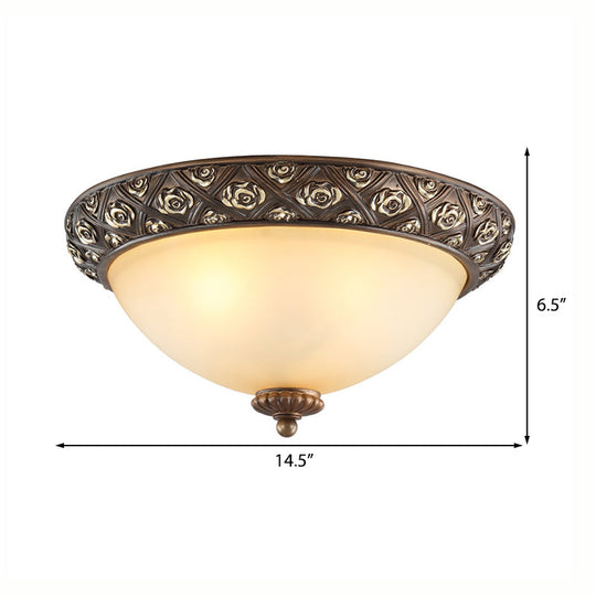 Traditional Brown Flush Light Fixture with Frosted Glass Bowl - 3 Lights - Bedroom Ceiling Mount - 10"/14.5"/18.5" Wide