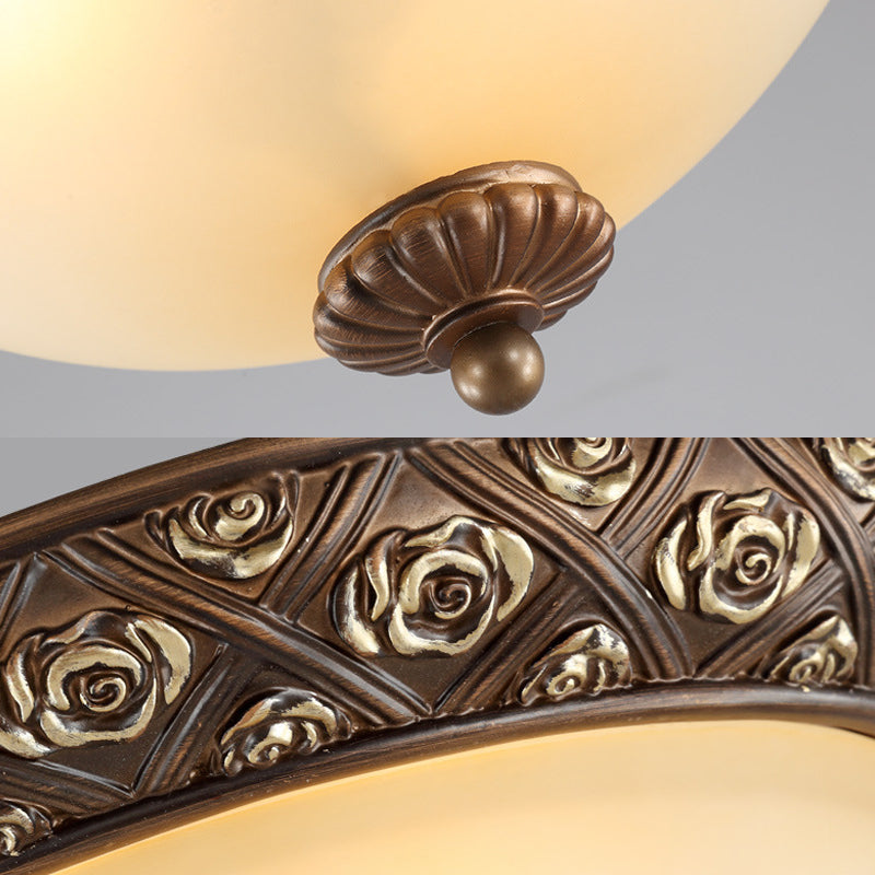 Traditional Brown Flush Light Fixture with Frosted Glass Bowl - 3 Lights - Bedroom Ceiling Mount - 10"/14.5"/18.5" Wide