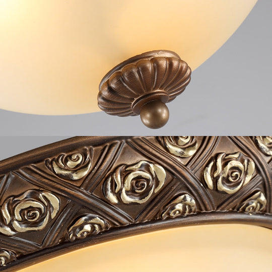 Traditional Brown Flush Light Fixture with Frosted Glass Bowl - 3 Lights - Bedroom Ceiling Mount - 10"/14.5"/18.5" Wide