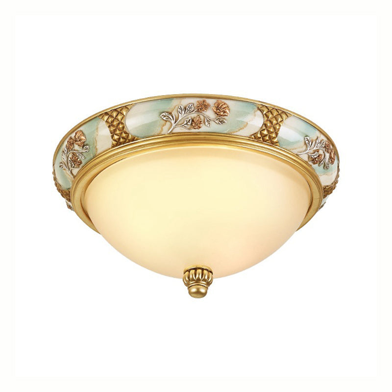 Traditional Brass Bowl Shaped Flushmount Light - Frosted Glass, 3 Lights, 15"/19" Wide