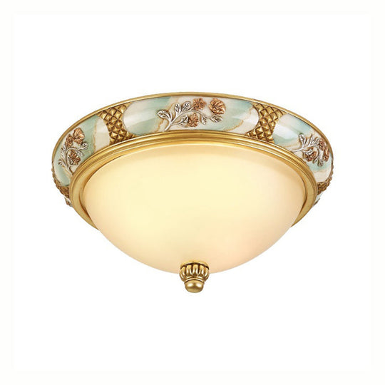 Traditional Brass Bowl Shaped Flushmount Light - Frosted Glass, 3 Lights, 15"/19" Wide