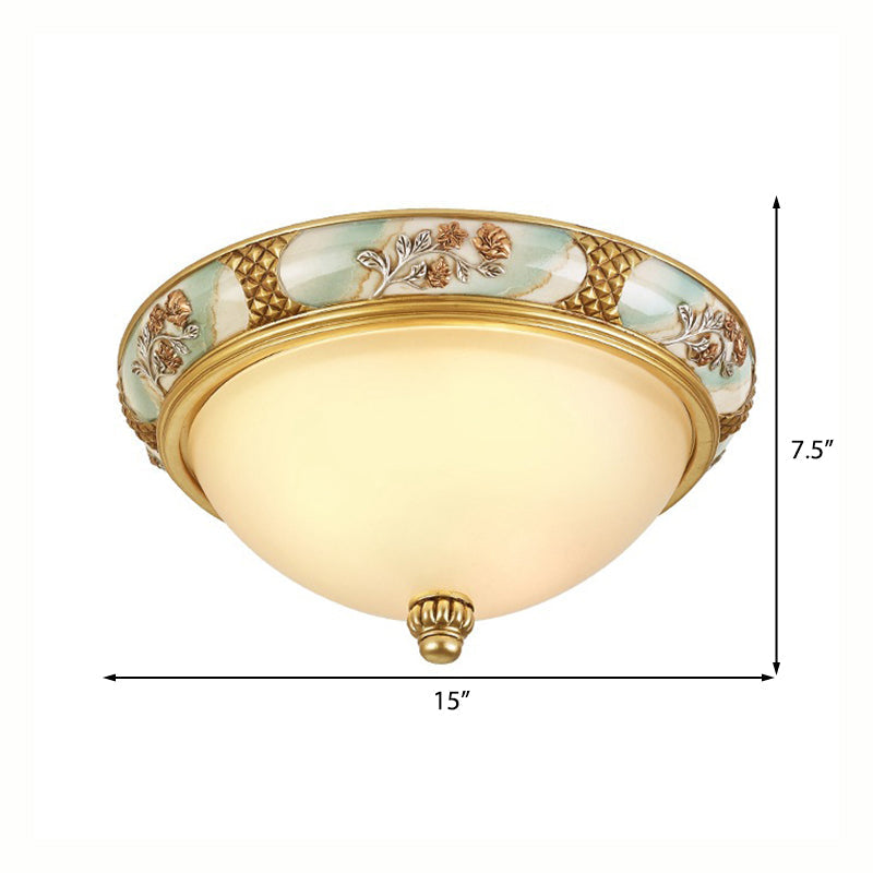 Traditional Brass Bowl Shaped Flushmount Light - Frosted Glass, 3 Lights, 15"/19" Wide