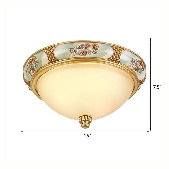 Traditional Brass Bowl Shaped Flushmount Light - Frosted Glass, 3 Lights, 15"/19" Wide