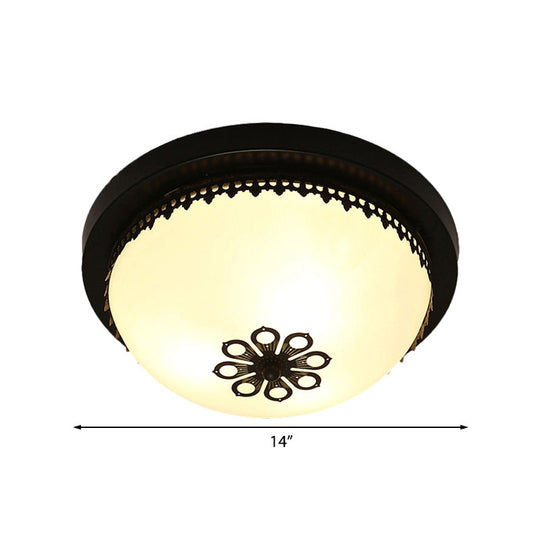 Classic Black Flush Ceiling Light Fixture, 4 Lights, Frosted Glass Bowl, 14"/18" Wide - Ideal for Corridors