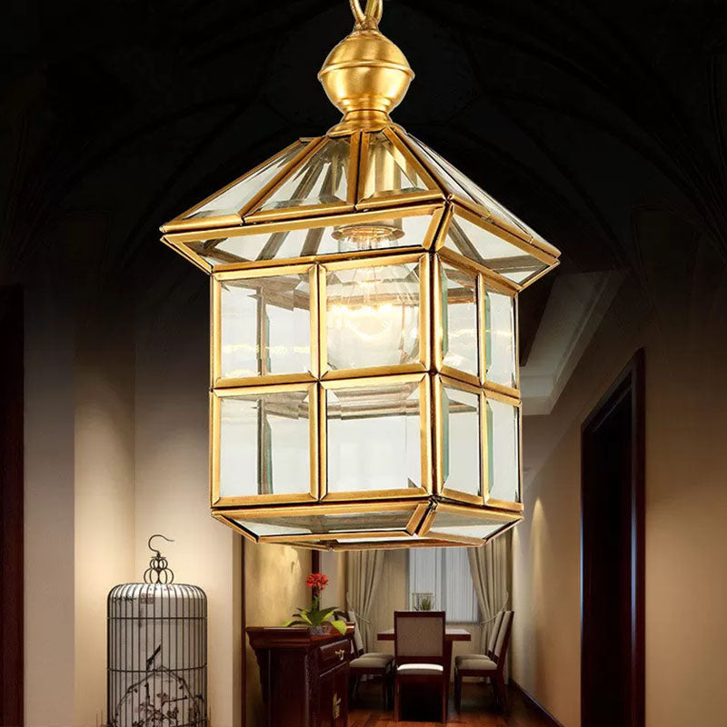 Brass Traditional House Pendant Light - Clear Glass Hanging Lamp For Foyer