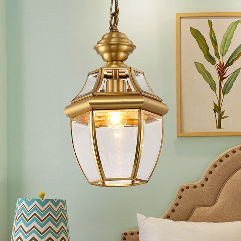 Colonial Style Oval Lantern Pendant Lamp With Clear Glass - Brass Finish Ideal For Corridors And