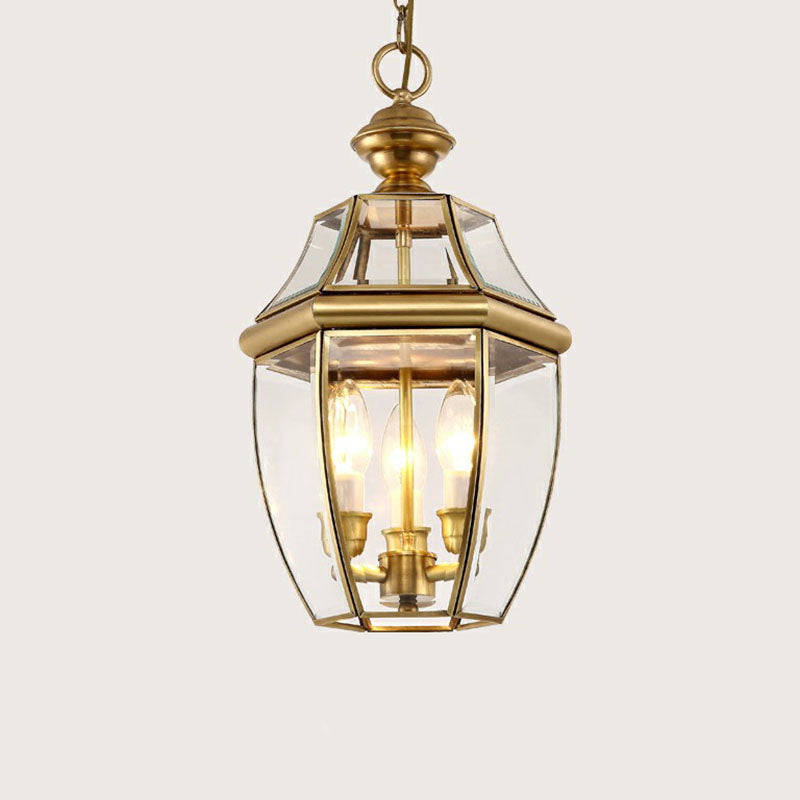 Colonial Style Oval Lantern Pendant Lamp With Clear Glass - Brass Finish Ideal For Corridors And