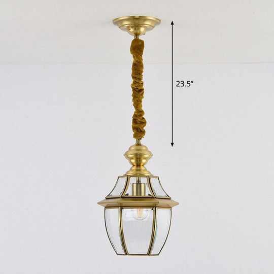 Colonial Style Oval Lantern Pendant Lamp With Clear Glass - Brass Finish Ideal For Corridors And