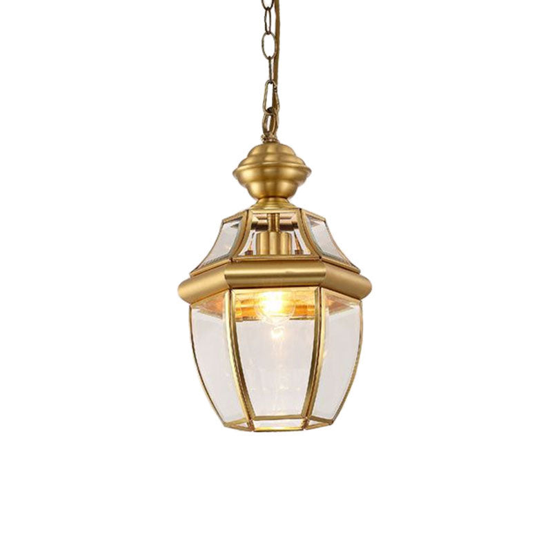 Colonial Style Oval Lantern Pendant Lamp With Clear Glass - Brass Finish Ideal For Corridors And