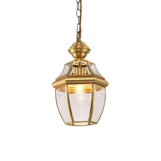 Colonial Style Oval Lantern Pendant Lamp With Clear Glass - Brass Finish Ideal For Corridors And