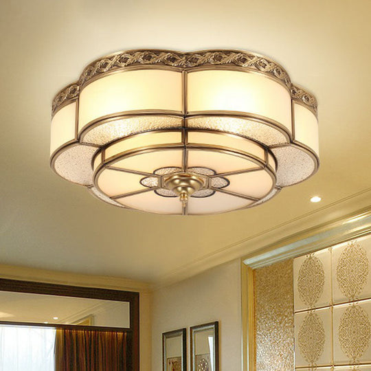 Traditional Brass Finish Ceiling Mount Lamp With Frost Glass - Flower Corridor Flush Light Fixture
