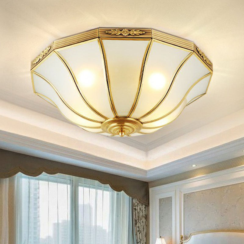 Opaline Glass Bell Shaped Flush Mount Ceiling Light in Brass - Traditional Flush Lamp for Corridors