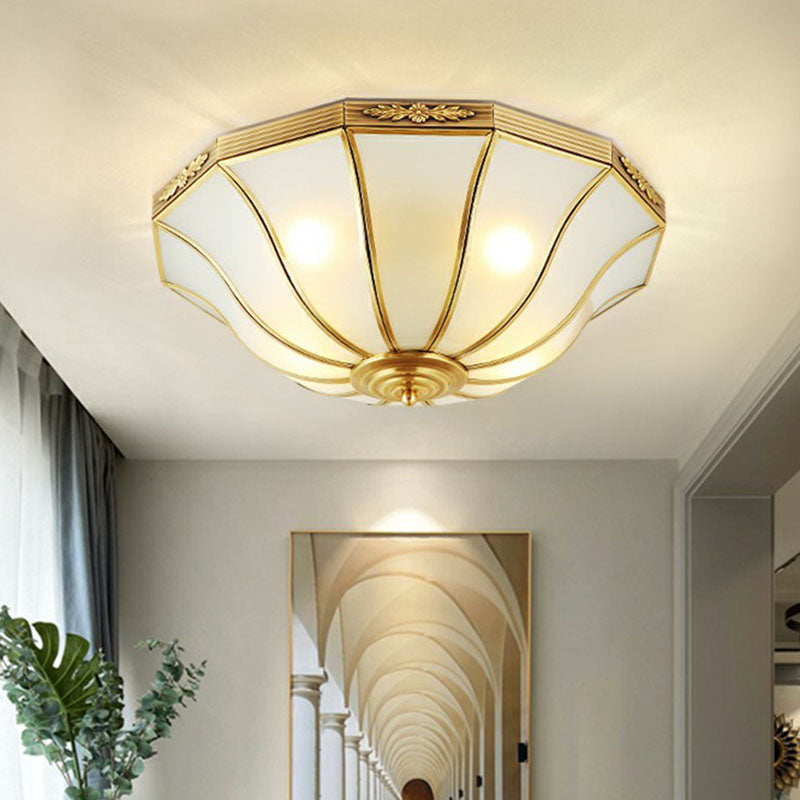 Opaline Glass Bell Shaped Flush Mount Ceiling Light in Brass - Traditional Flush Lamp for Corridors