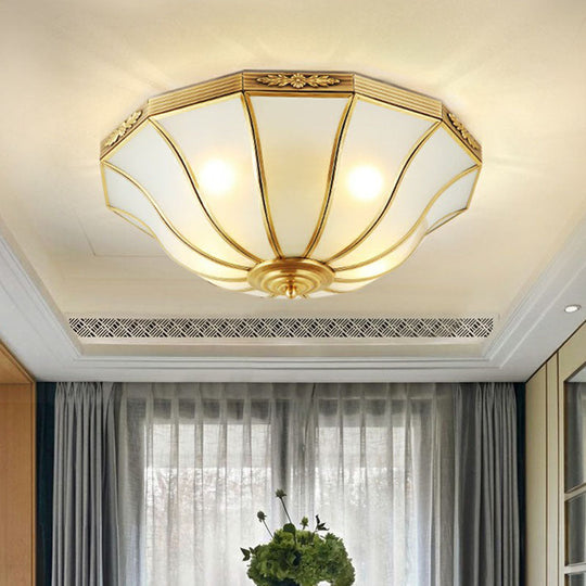 Opaline Glass Bell Shaped Flush Mount Ceiling Light in Brass - Traditional Flush Lamp for Corridors