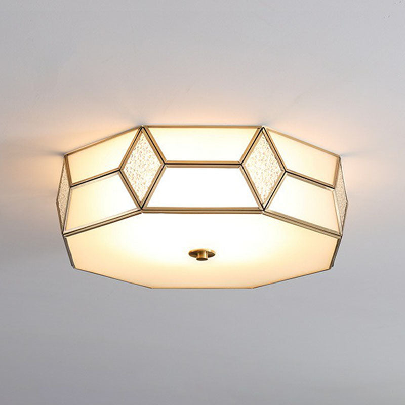 Minimalistic Brass Frost Glass Flush Mount Light for Bedroom: Geometric Ceiling Fixture