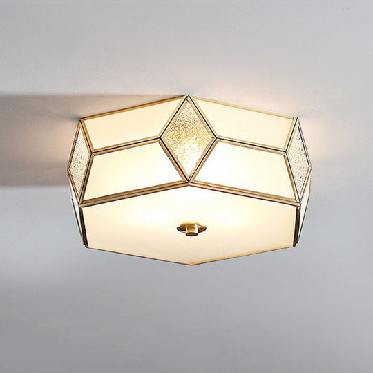 Minimalistic Brass Frost Glass Flush Mount Light for Bedroom: Geometric Ceiling Fixture