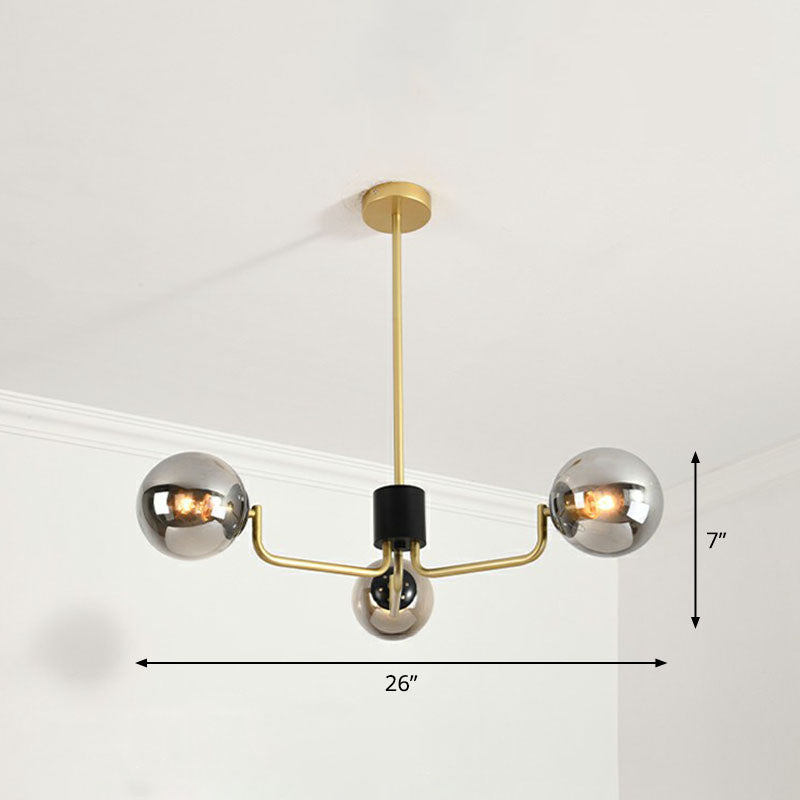 Radial Suspension Light - Contemporary Metal Chandelier With Glass Ball Shade 3 / Gold Smoke Grey