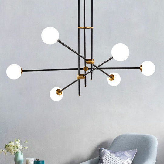 Sleek Black Metal Linear Chandelier with Ball White Glass Shade - Perfect for Living Room Pendant Lighting