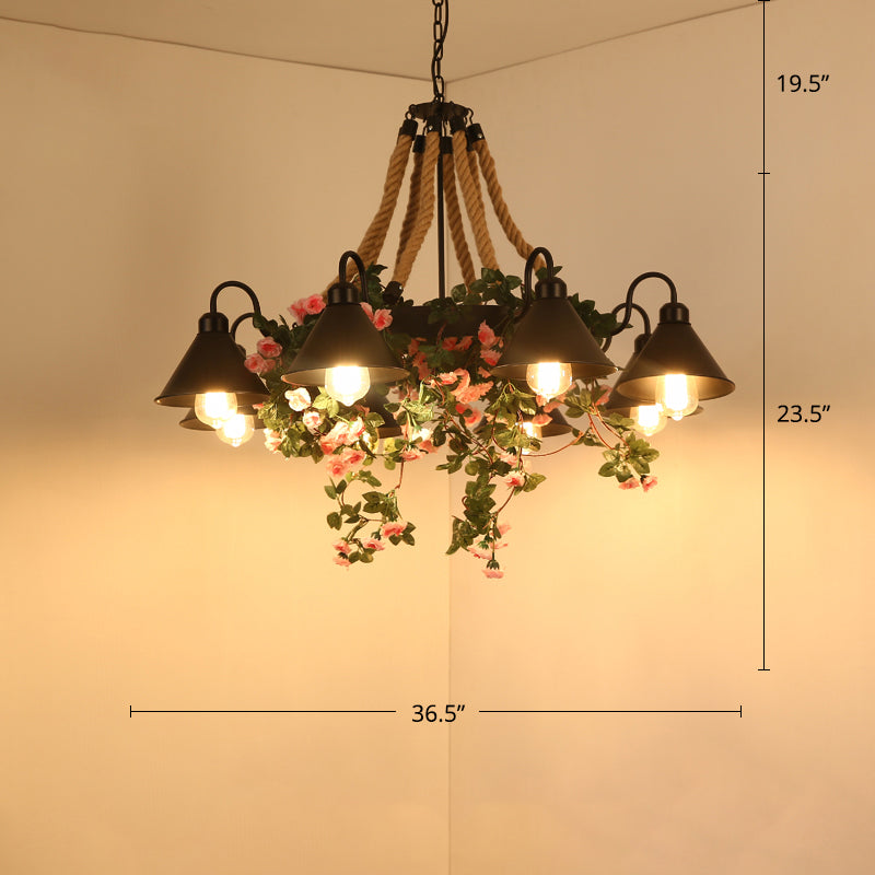 Conical Iron Chandelier - 8-Head Dining Room Hanging Lamp With Vine Decor Warehouse Styling