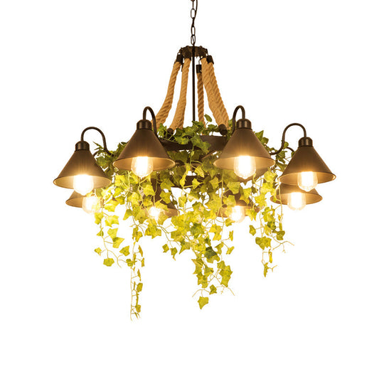 Conical Iron Chandelier - 8-Head Dining Room Hanging Lamp With Vine Decor Warehouse Styling
