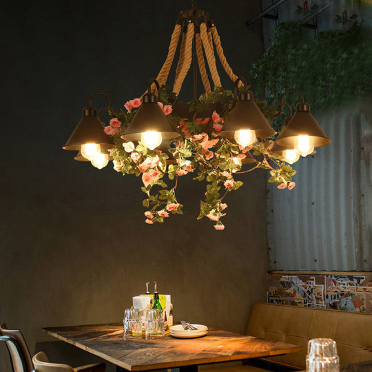Conical Iron Chandelier - 8-Head Dining Room Hanging Lamp With Vine Decor Warehouse Styling