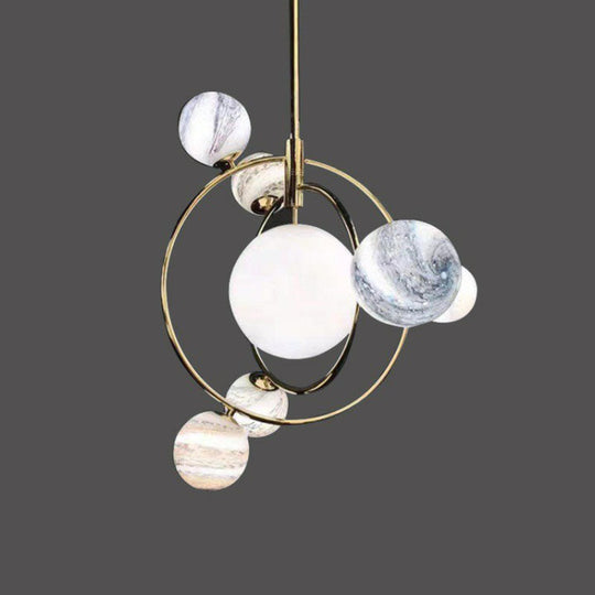 Gold Orbital Planet Pendant Light With Stained Glass Shade - Postmodern Creative Chandelier