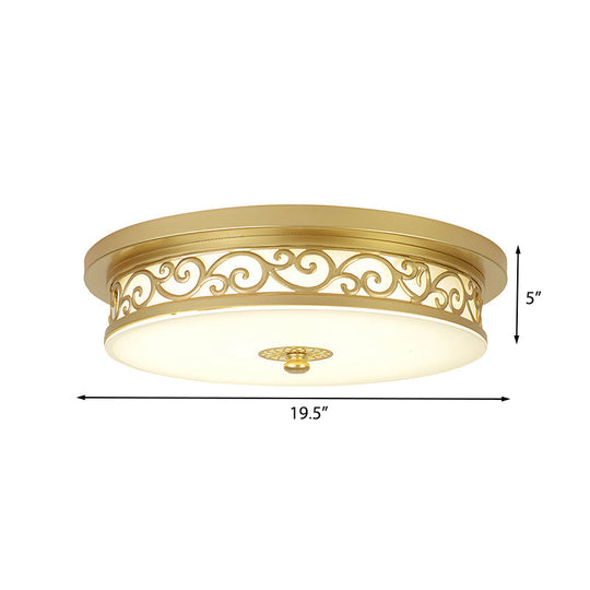 Gold Drum Flush Mount LED Lamp with Classic White Glass - Ideal Living Room Ceiling Light in White or Warm Light (12"/16"/19.5" W)