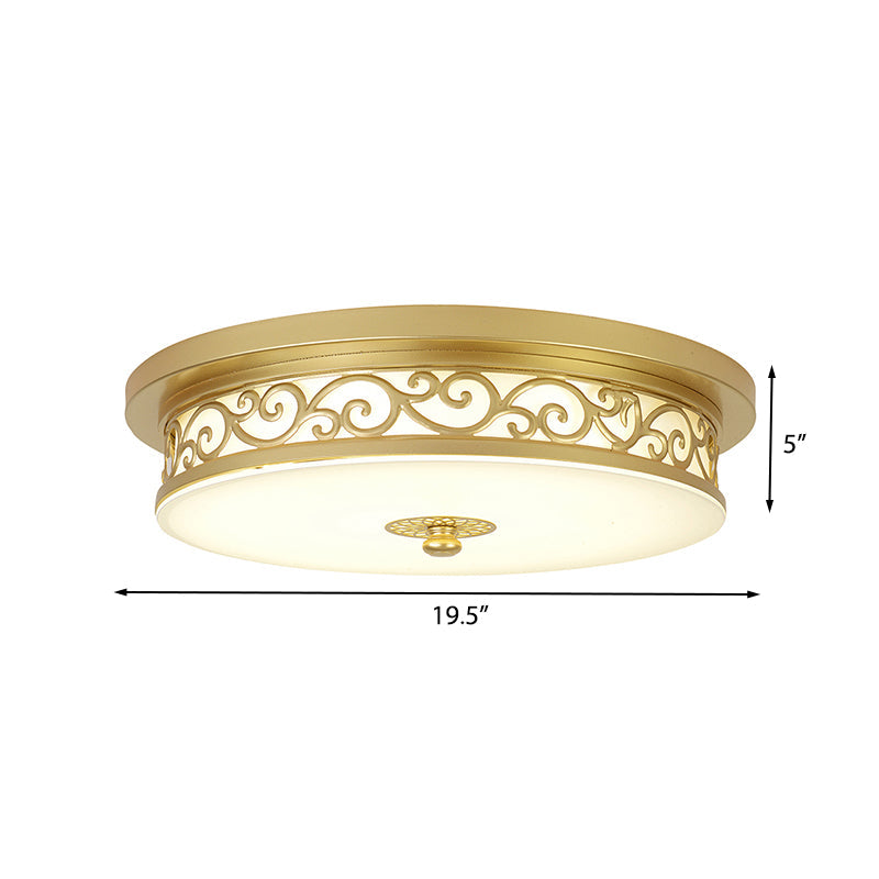 Gold Drum Flush Mount Led Lamp With Classic White Glass - Ideal Living Room Ceiling Light In Or Warm