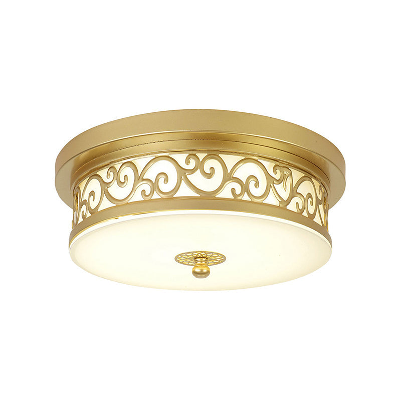 Gold Drum Flush Mount LED Lamp with Classic White Glass - Ideal Living Room Ceiling Light in White or Warm Light (12"/16"/19.5" W)