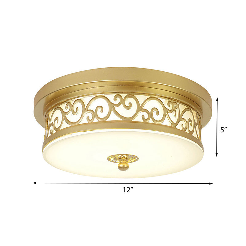 Gold Drum Flush Mount LED Lamp with Classic White Glass - Ideal Living Room Ceiling Light in White or Warm Light (12"/16"/19.5" W)