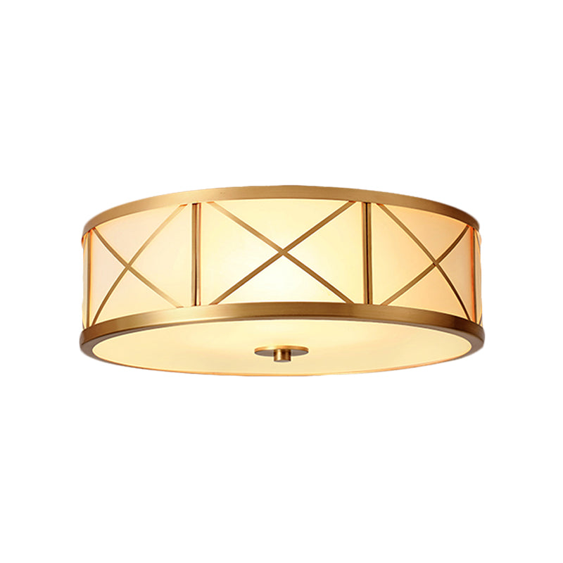 Traditional White Glass Drum Dining Room Flushmount Light with Brass Accent, 4 Lights, 11"/14"/18" W