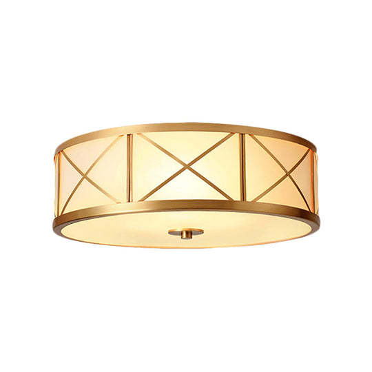 Traditional White Glass Drum Dining Room Flushmount Light with Brass Accent, 4 Lights, 11"/14"/18" W