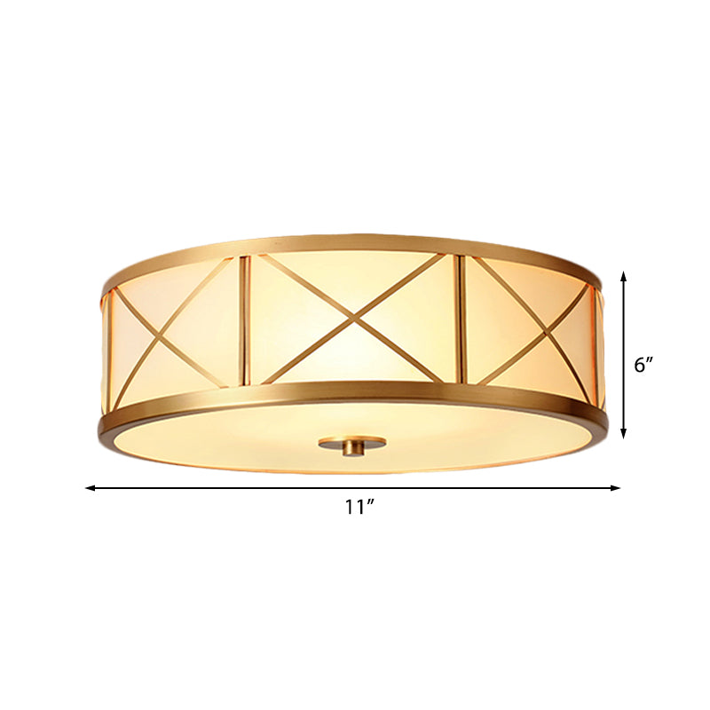 Traditional White Glass Drum Dining Room Flushmount Light with Brass Accent, 4 Lights, 11"/14"/18" W