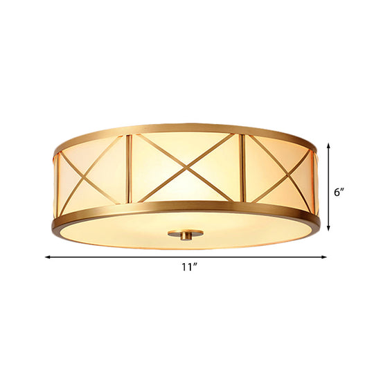 Traditional White Glass Drum Dining Room Flushmount Light With Brass Accent 4 Lights 11/14/18 W