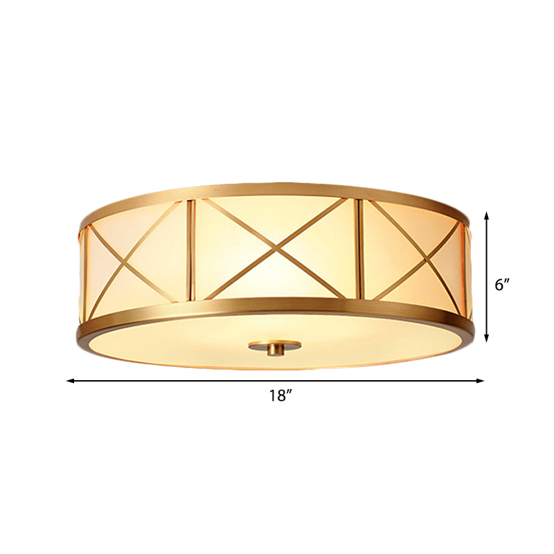 Traditional White Glass Drum Dining Room Flushmount Light with Brass Accent, 4 Lights, 11"/14"/18" W