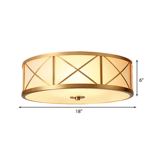 Traditional White Glass Drum Dining Room Flushmount Light with Brass Accent, 4 Lights, 11"/14"/18" W