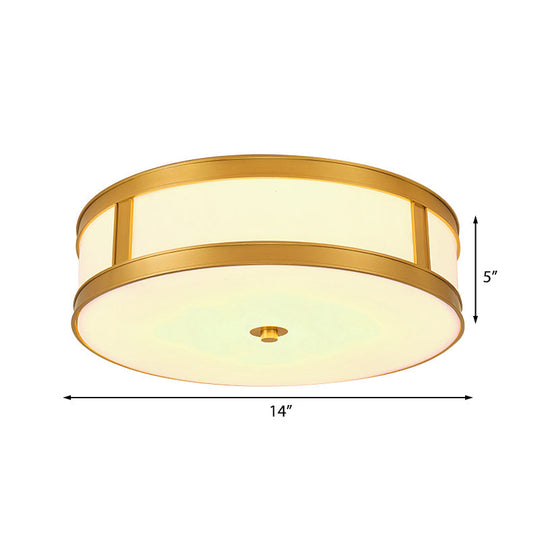 Traditional Brass Drum Flush Mount Ceiling Light Fixture with White Glass - 4 Lights - 14"/18" Width