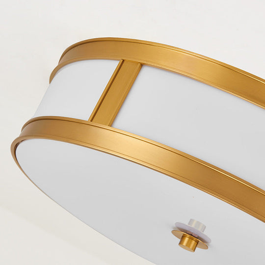 Traditional Brass Drum Flush Mount Ceiling Light Fixture with White Glass - 4 Lights - 14"/18" Width