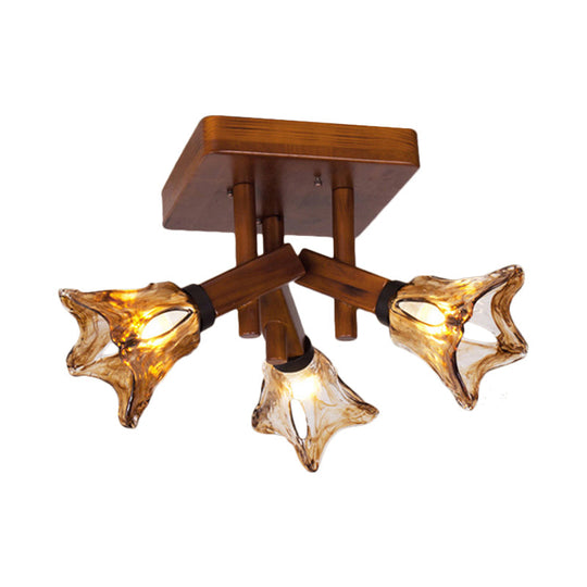 Rustic Glass Flower Semi Flush Light with Red Brown 3/5/8 Lights for Dining Room Ceiling