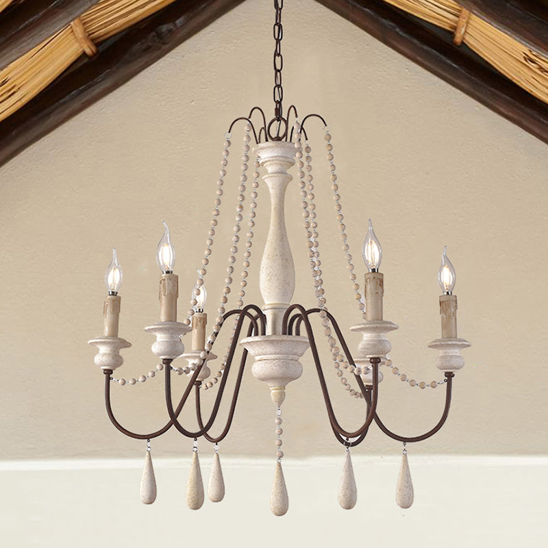 Vintage Wood Chandelier With 8 Bead Draped Pendant Lights